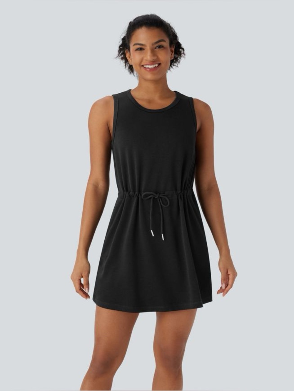 Halara Sleeveless Active Mini Dress Tie Drawstring Waist Black